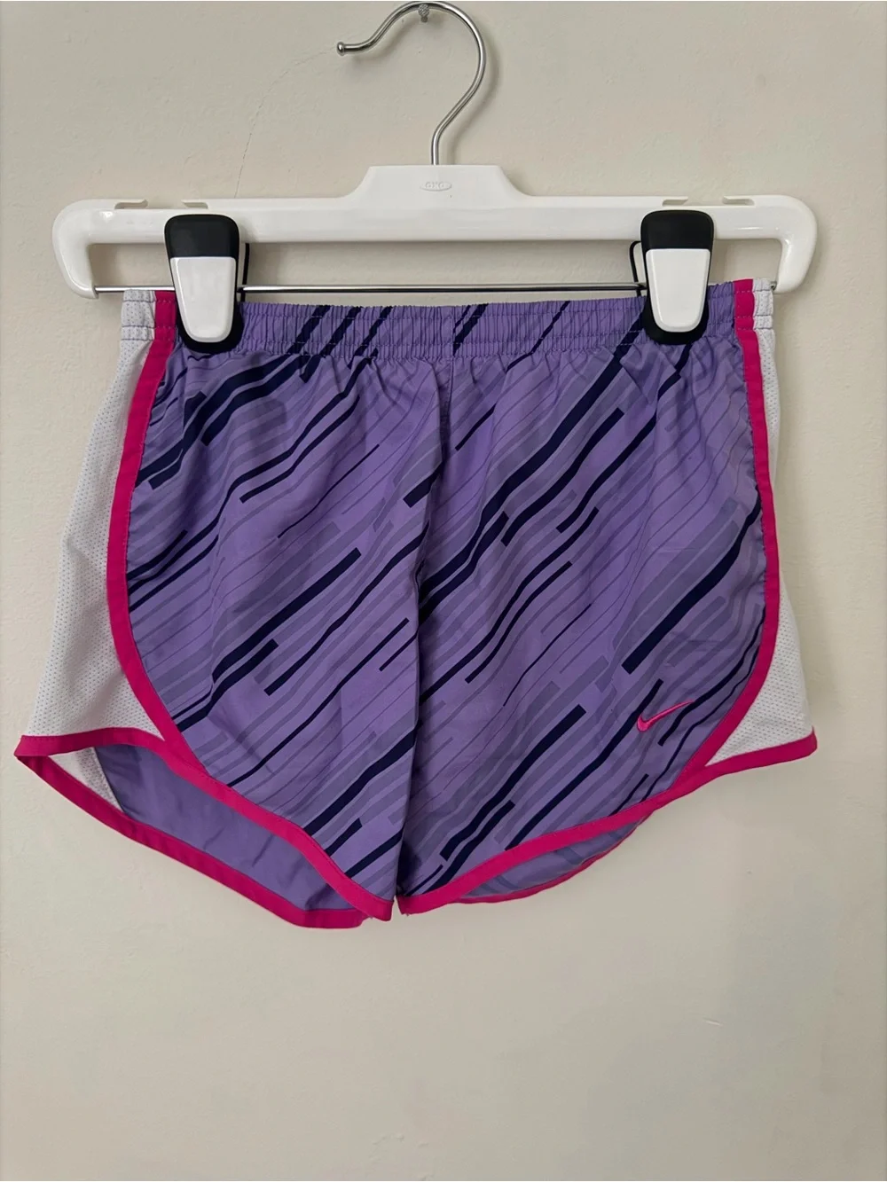 Nike Purple Athletic Shorts with Pink Trim and Navy Stripe